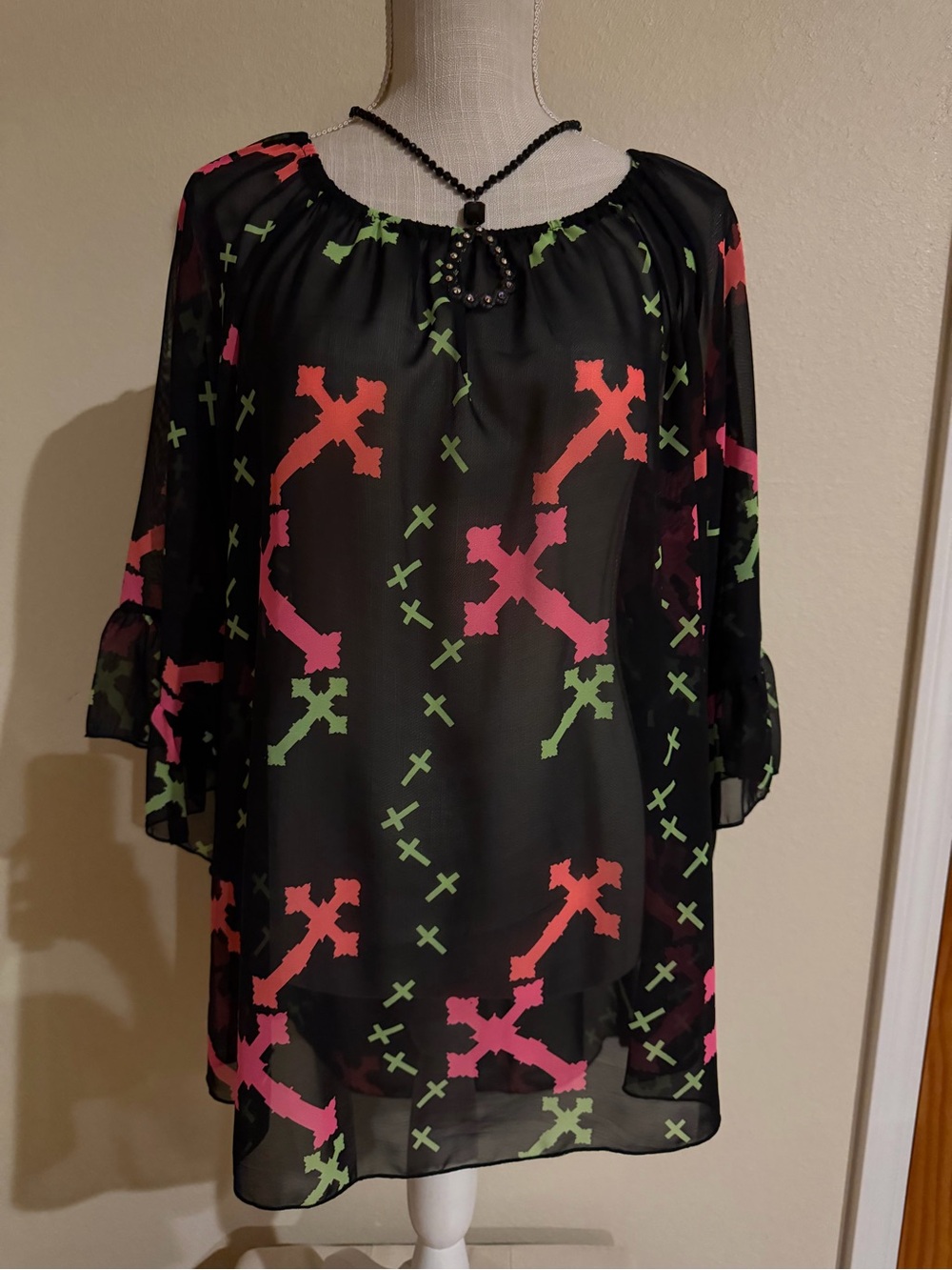 Giddy Up Glamour Sheer Black Tunic Top with Pink & Lime Cross Print
